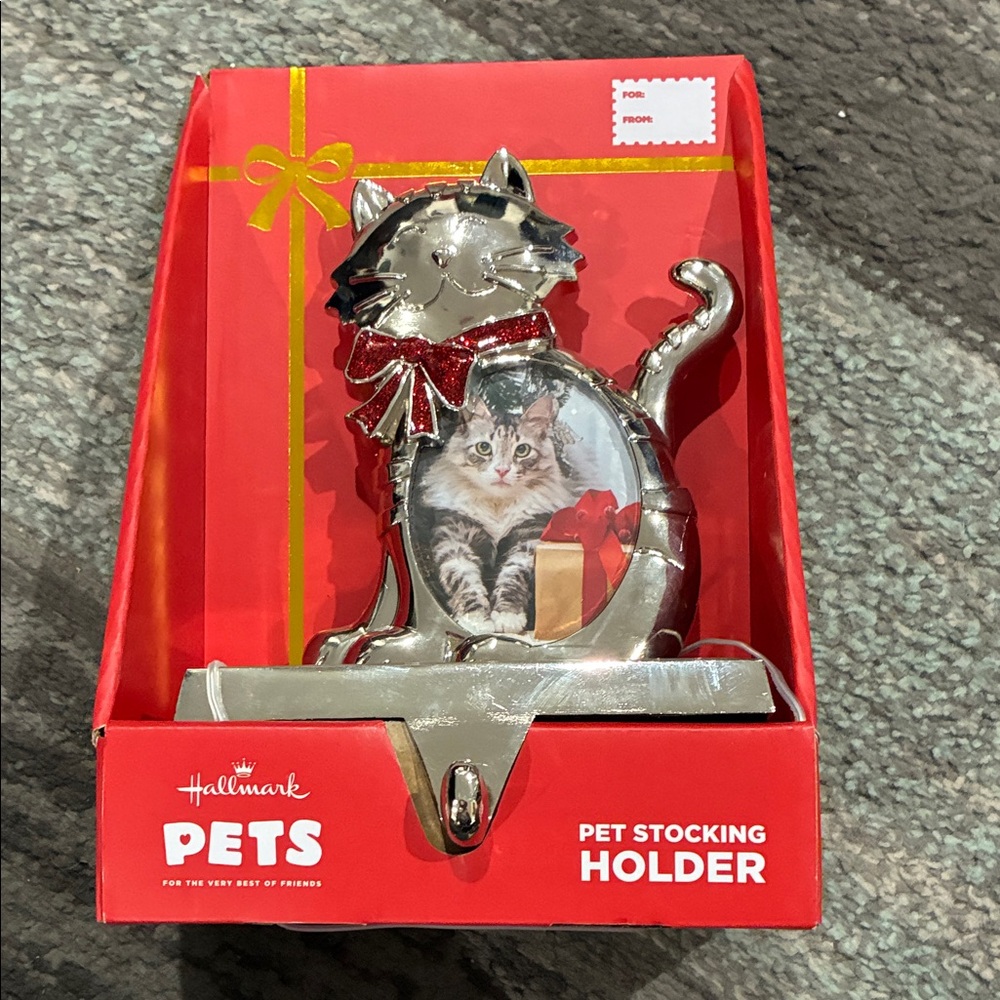 Hallmark Pets Silver Cat Stocking Holder with Red Bow Accent